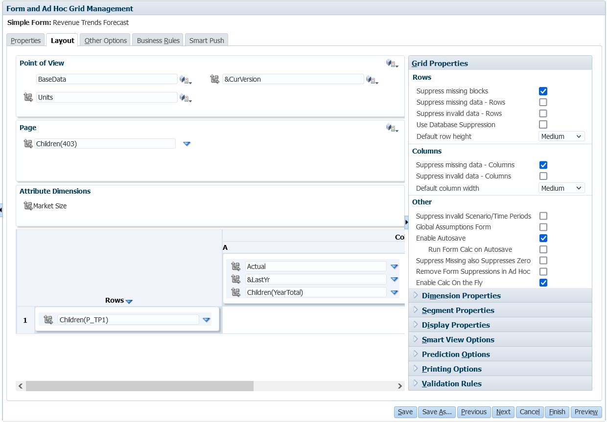 Form and Ad Hoc Grid Management window displaying the Layout tab and the Grid Properties options