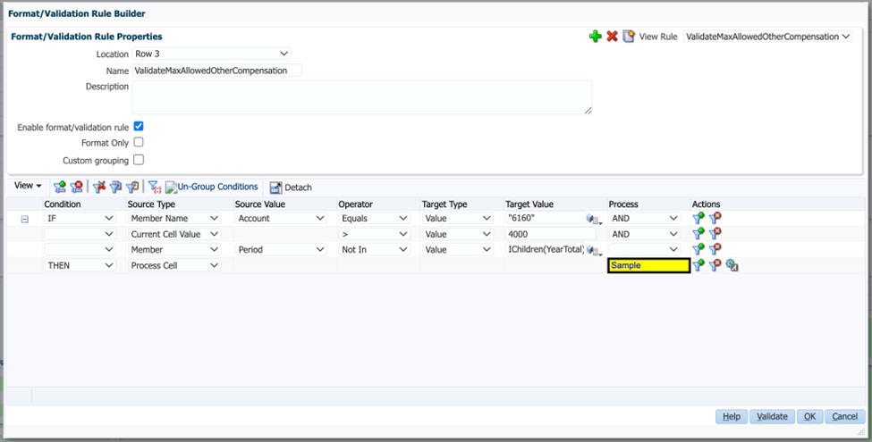 Image showing data validation rule properties in the format/validation rule builder