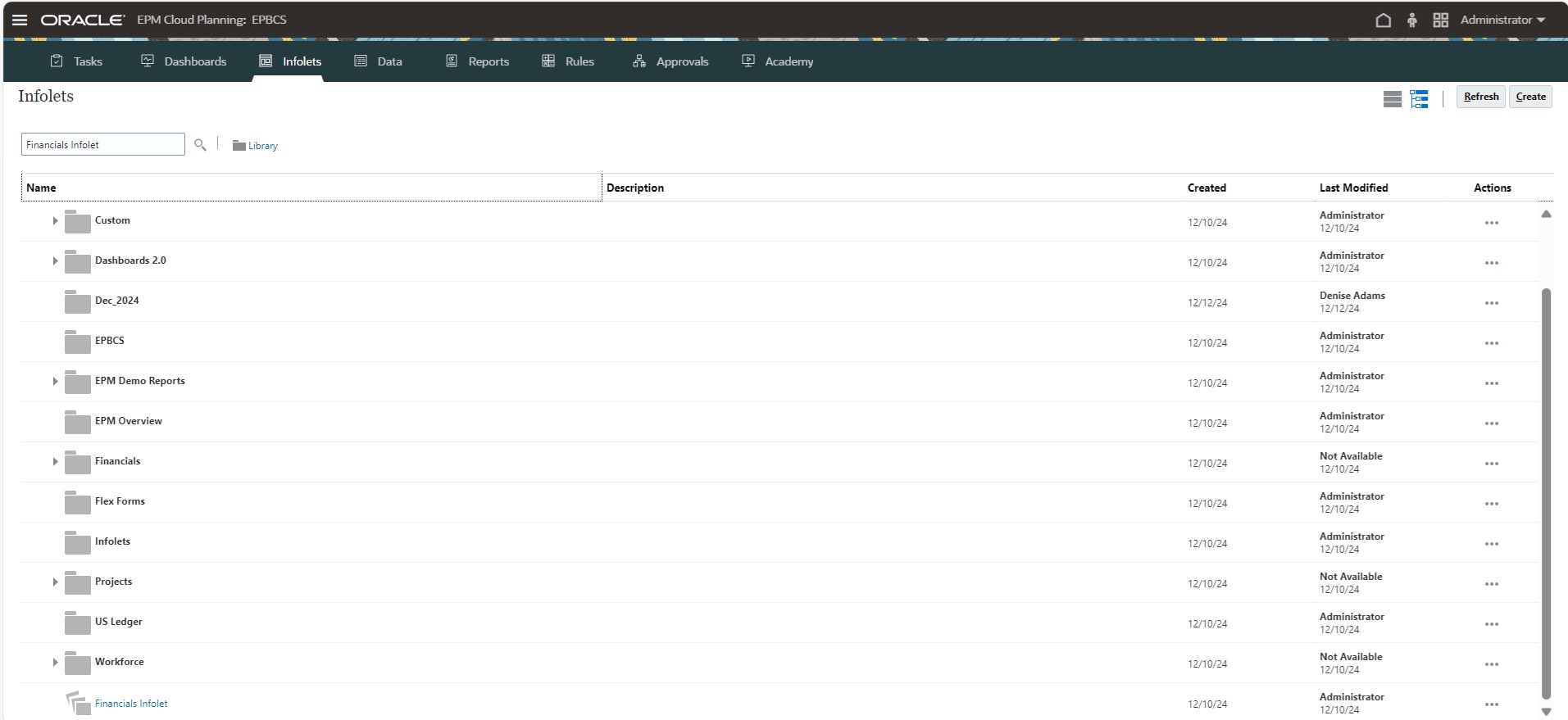 Image showing the Infolets page in the legacy interface