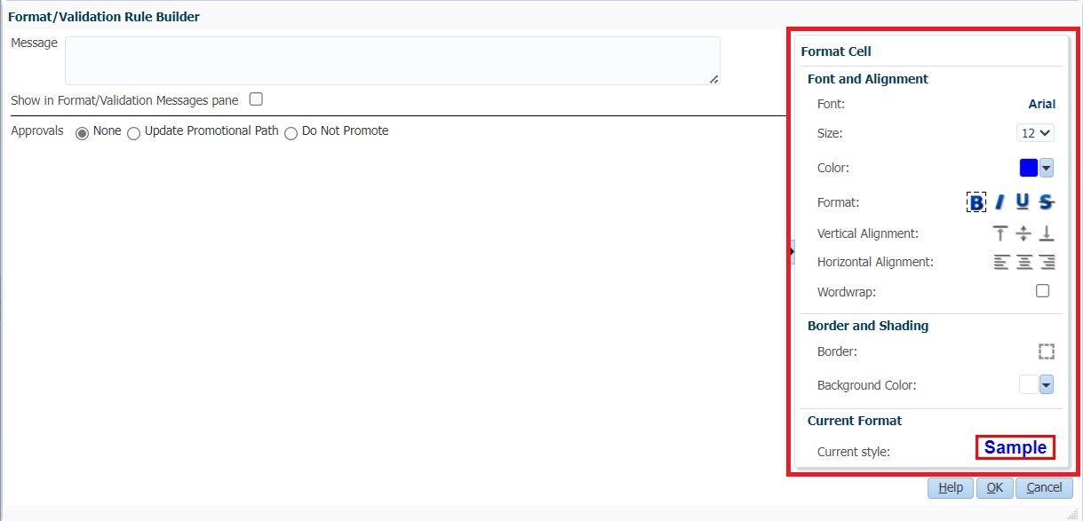 Dialog box showing the Format Cell options Dialog box showing the Format Cell options