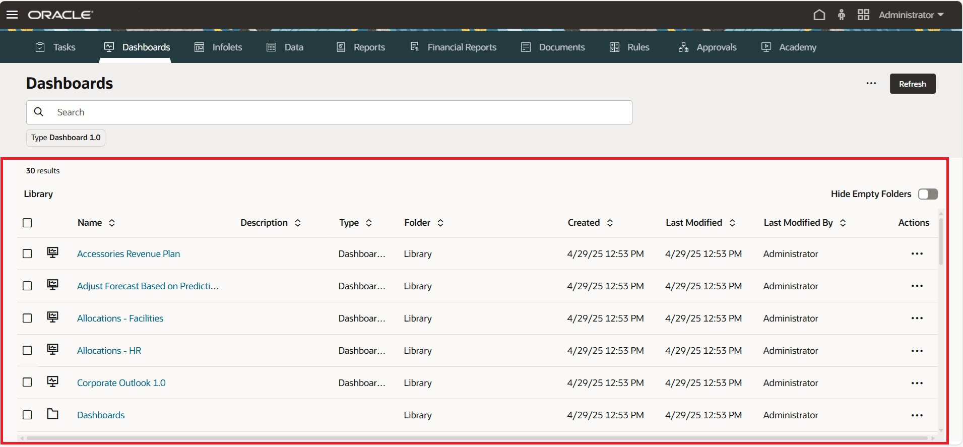 Standardized artifact page with the list region highlighted