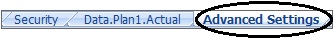 Worksheet tabs from an Excel application template working showing the naming convention for the advanced settings sheet, "Advanced Settings".