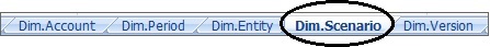 Worksheet tabs from an Excel application template working showing the naming convention for dimensions, "Dim.<dimension_name>". Focus is on the tab for the Scenario dimension, Dim.Scenario