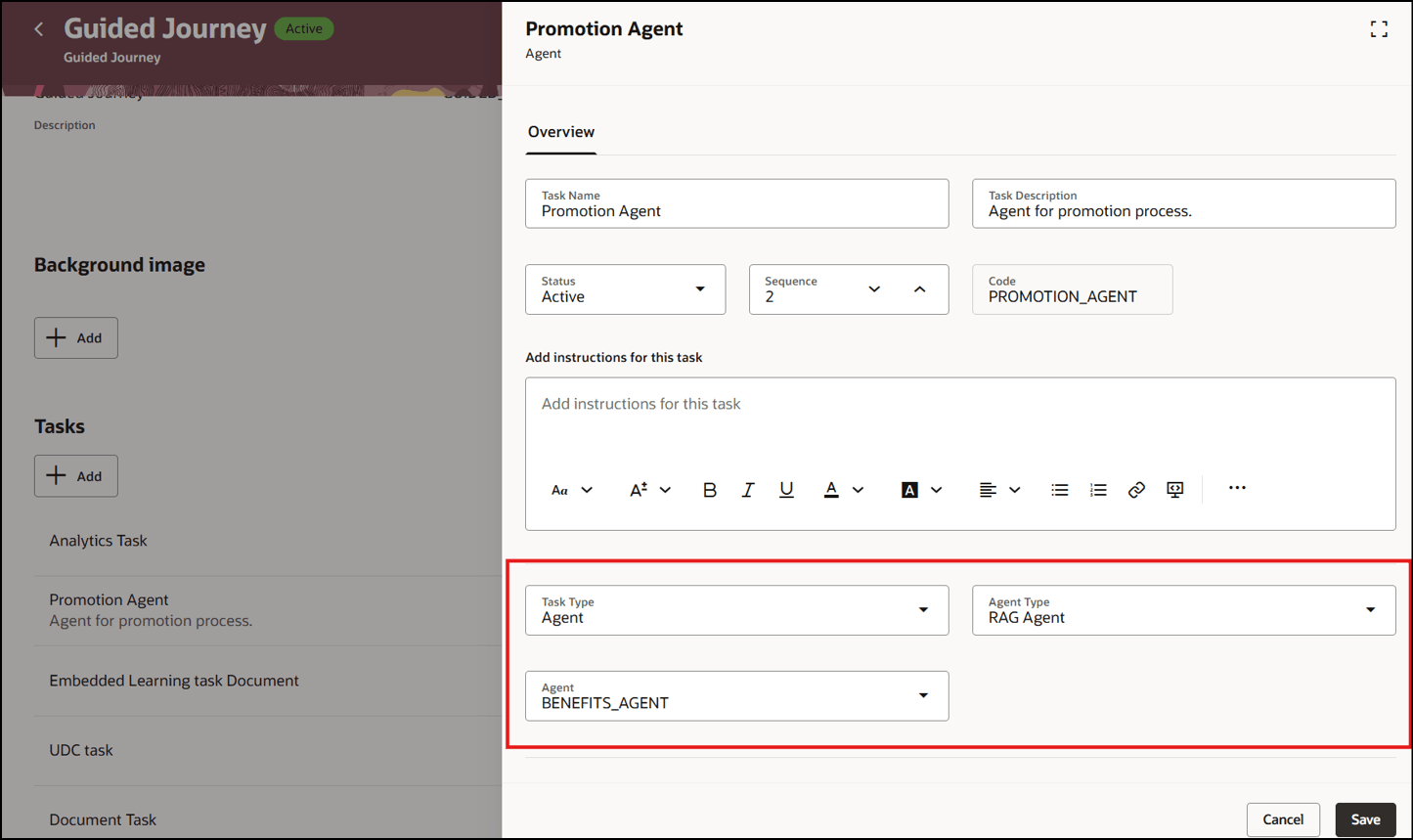 Select Agent for Task in Guided Journey to be Displayed at Section Level