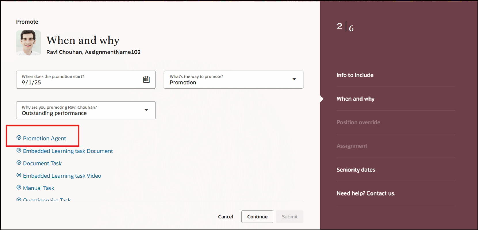 Agent Task Displayed at Section Level in UI Page