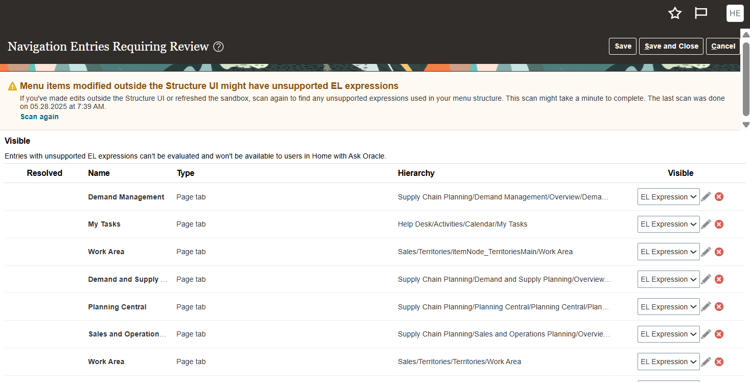 Navigation Entries Requiring Review page
