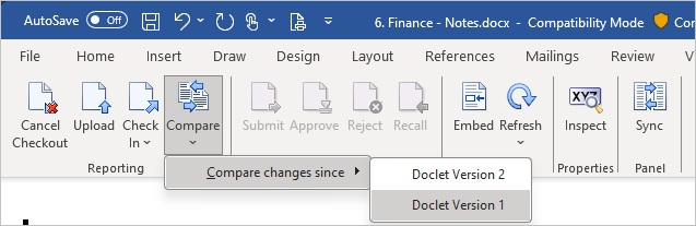 Compare Drop-down Menu on Narrative Reporting Ribbon
