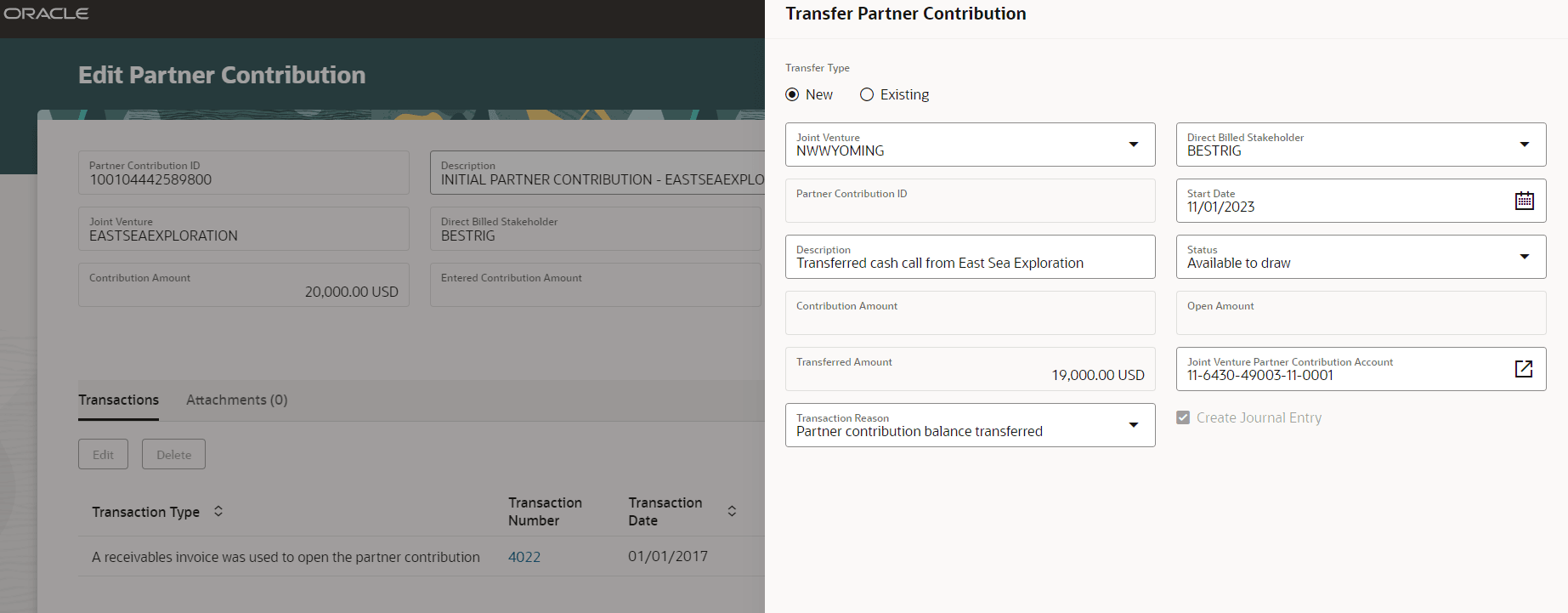 Transfer the remaining balance of a joint venture partner contribution to another partner contribution or use the remaining balance to create a new partner contribution.