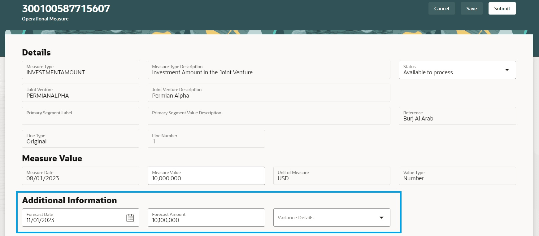 Manage descriptive flexfields for Joint Venture Operational Measures within the provided application.