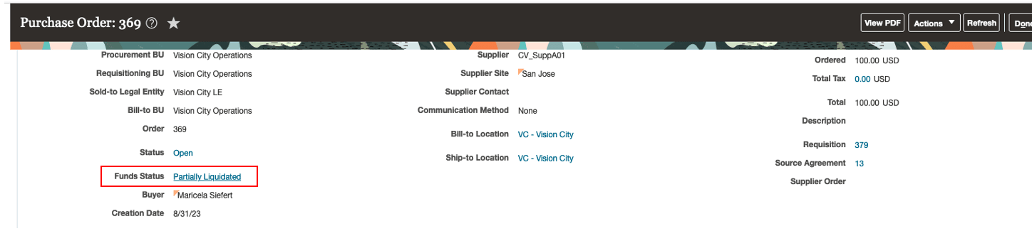 Purchase Order with Funds Status showing Partially Liquidated for a Partial PO Receipt imported into Project Costing