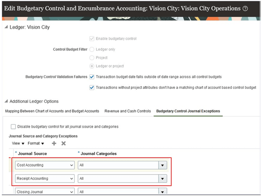 Journal Source and Category Exceptions for Cost Accounting and Receipt Accounting