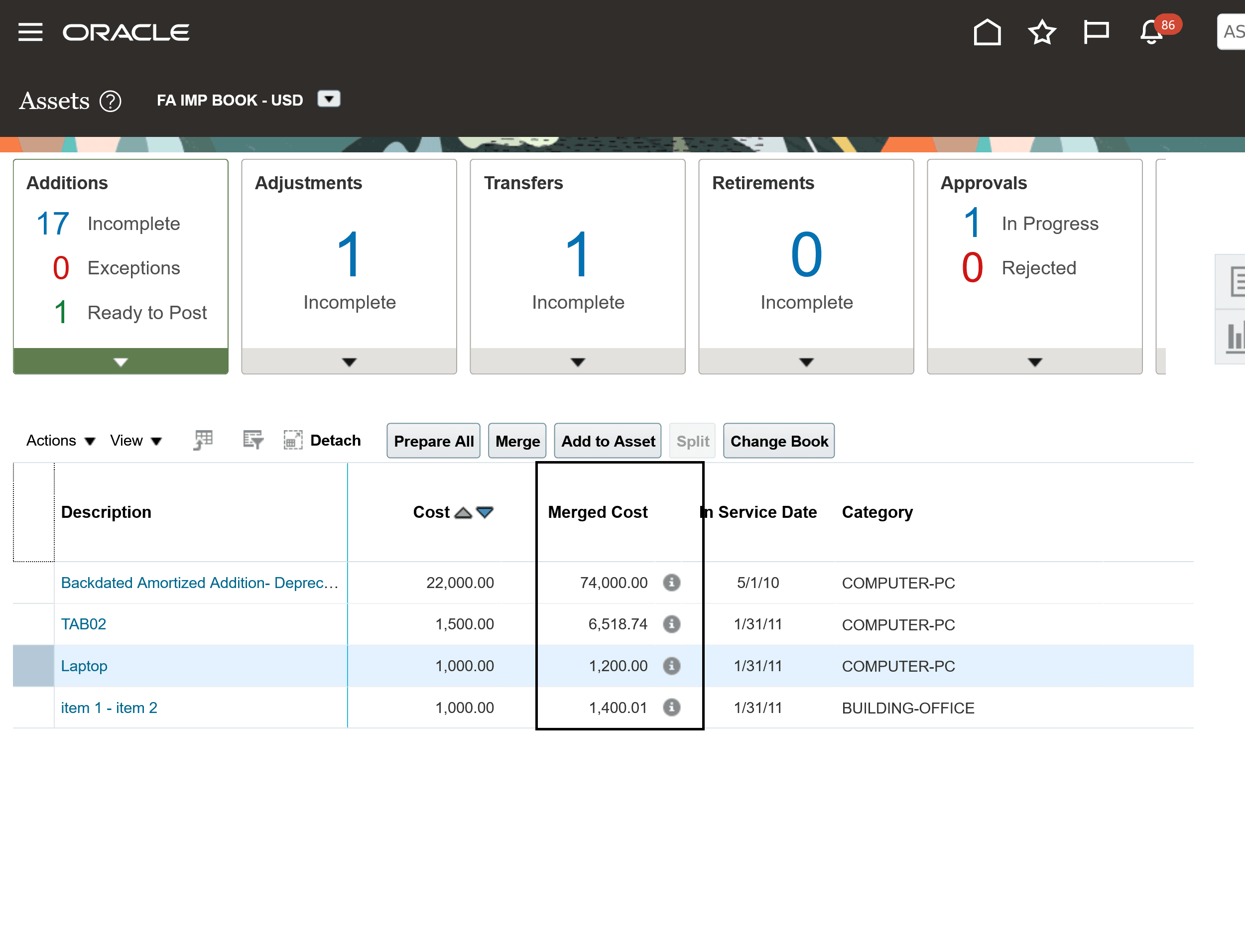View of Merged Cost Column in Assets Landing Page