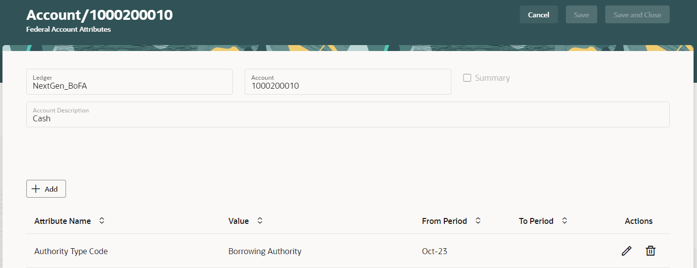 Federal Account Attributes page