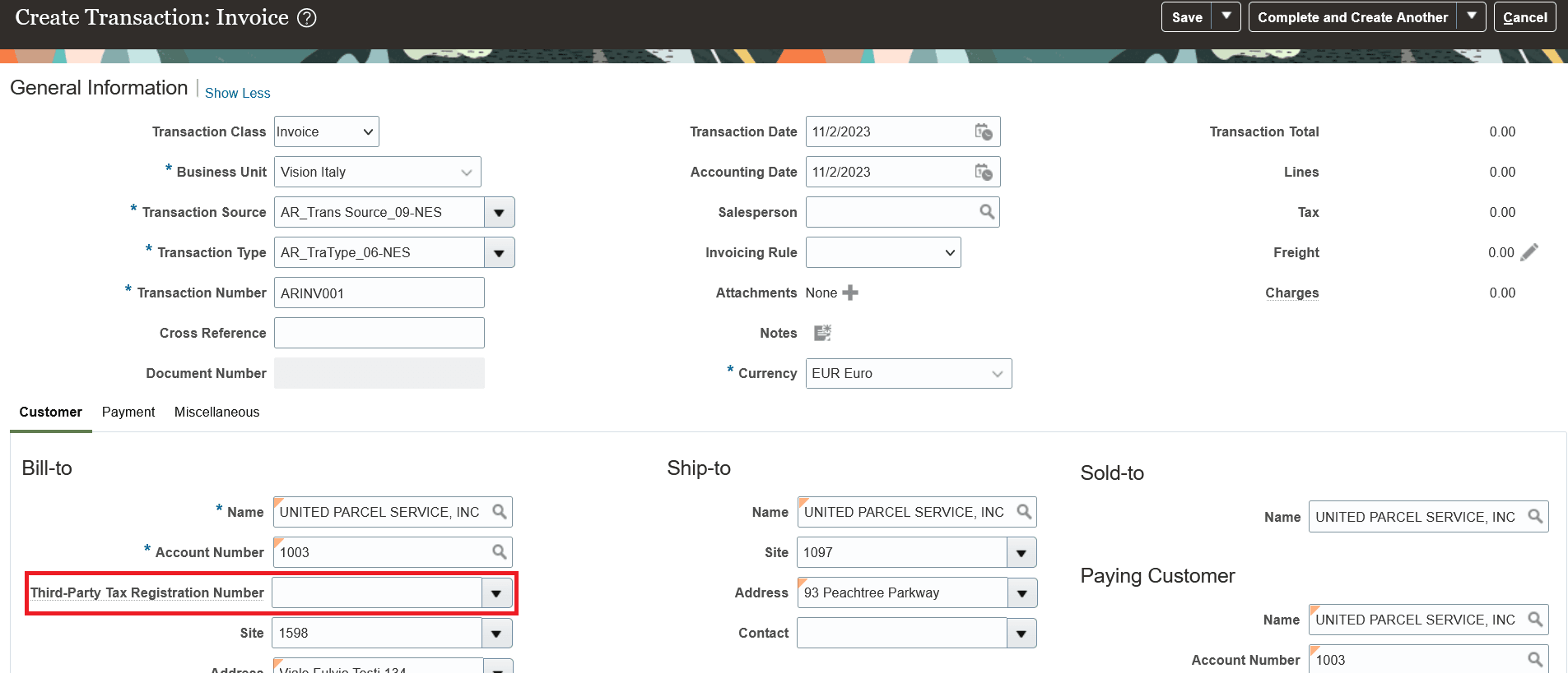 bill-to customer in the Create or Edit Transaction page