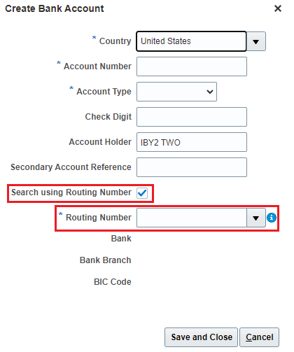 In the countries where the bank branch number is displayed and mandatory, this check box is checked and the default search will be based on the bank branch identifier.