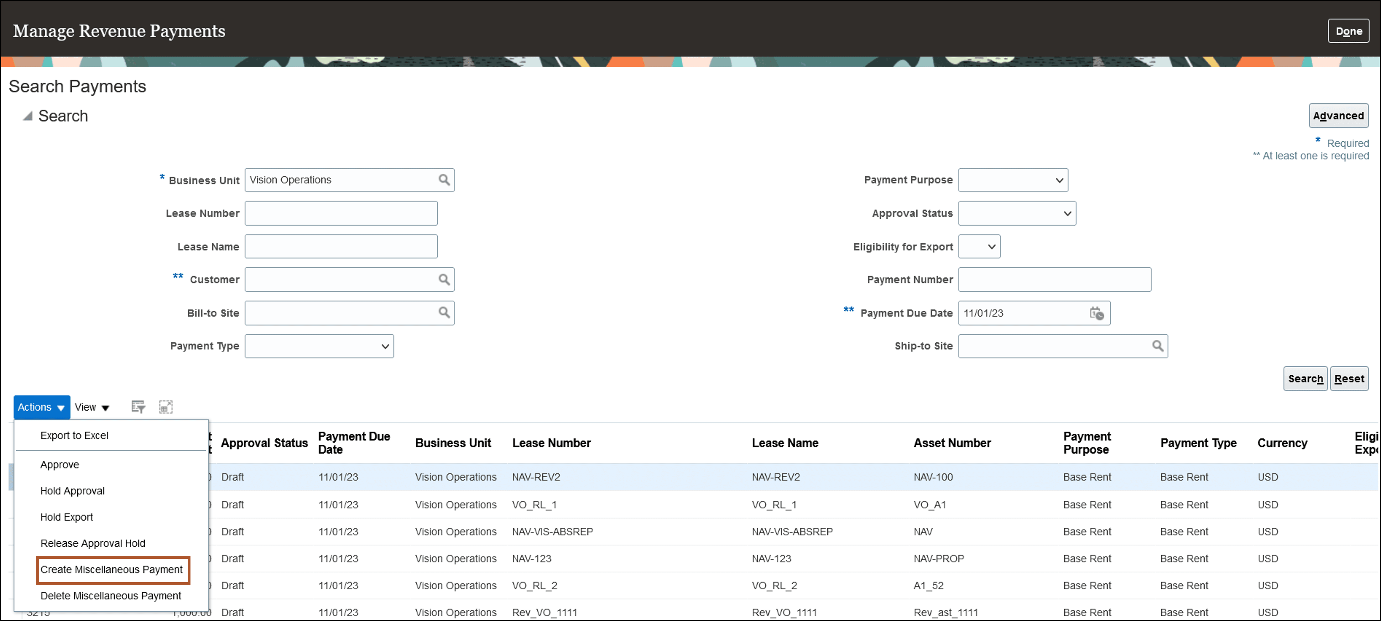 Manage Revenue Payments Page