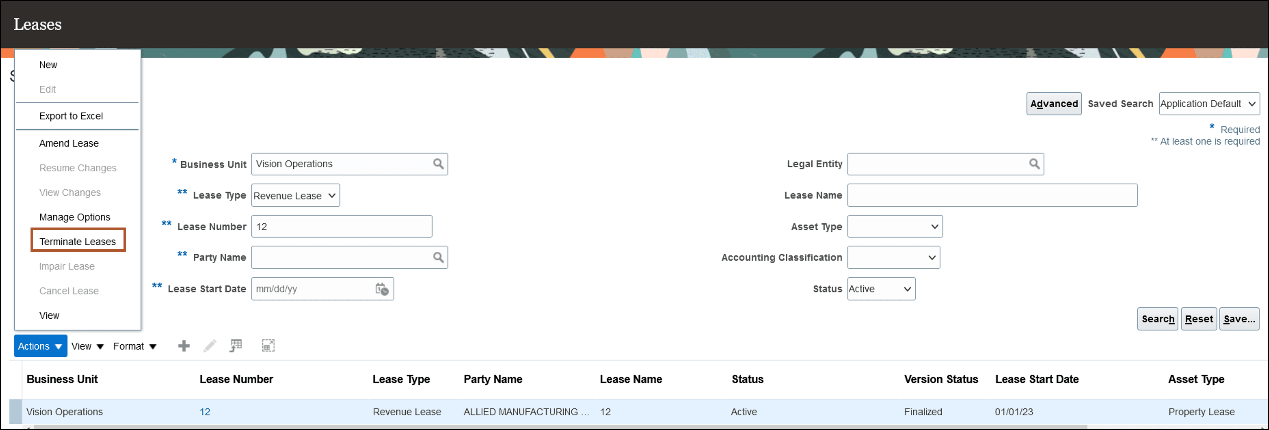 Terminate Leases available from Actions