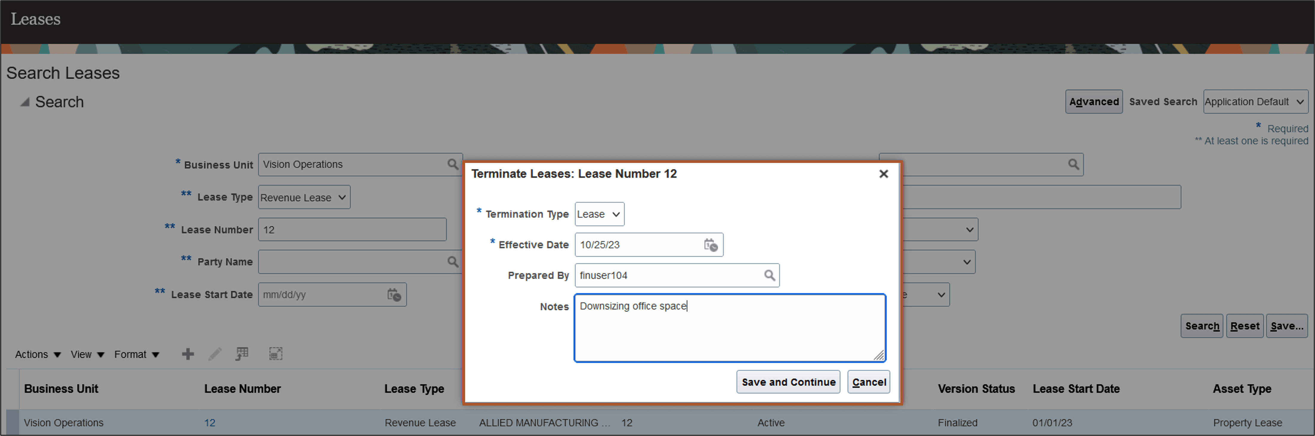 Create Lease Termination Page