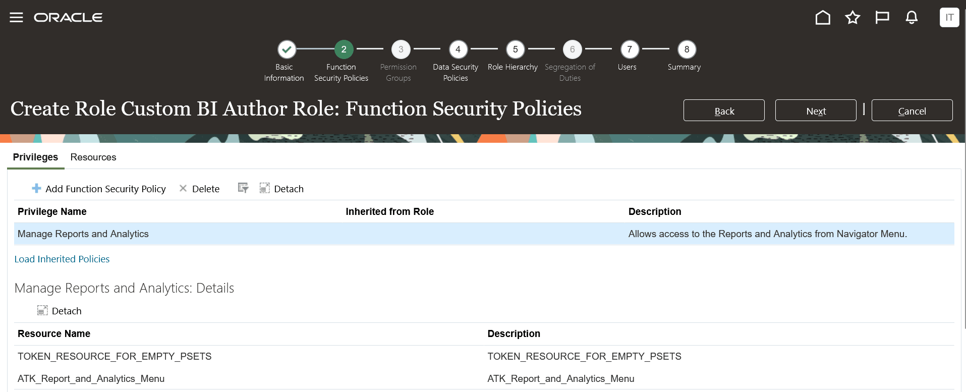 Create Role Custom BI Author Role: Function Security Policies page