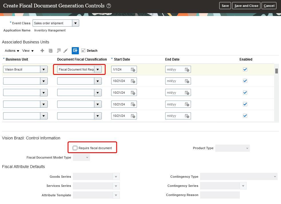 Manage Fiscal Document Generation Controls page
