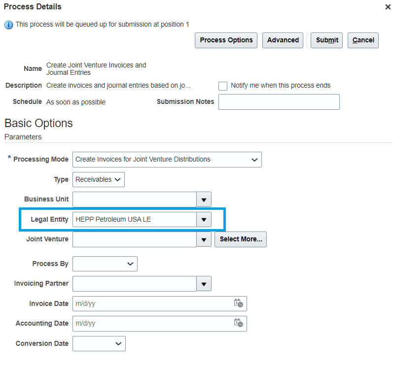 Parameter to select distributions by legal entity.