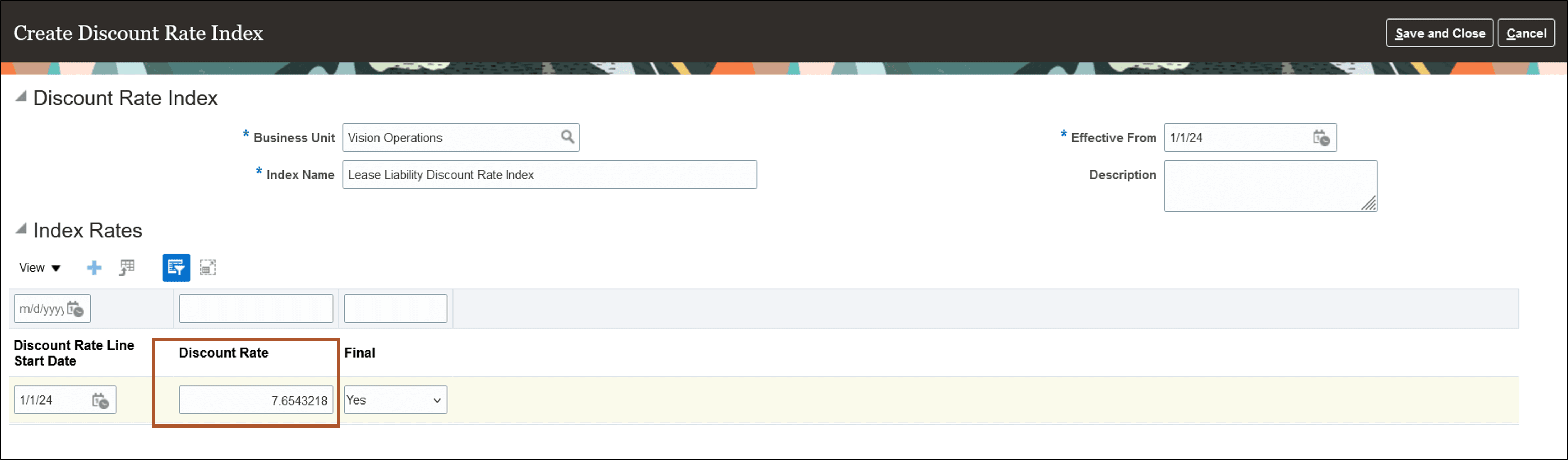 Create Discount Rate Index page