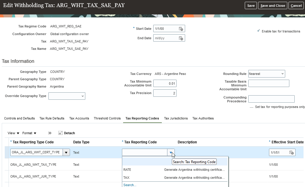 Edit Withholding Tax page