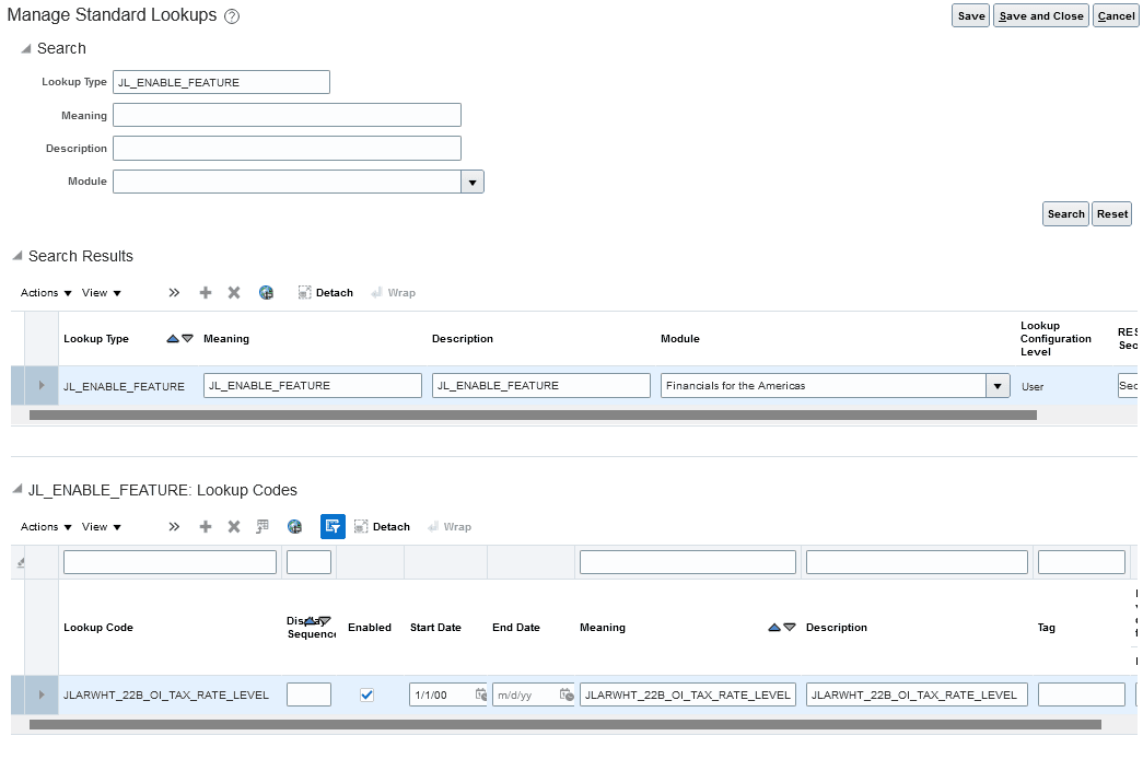 Manage Standard Lookups page