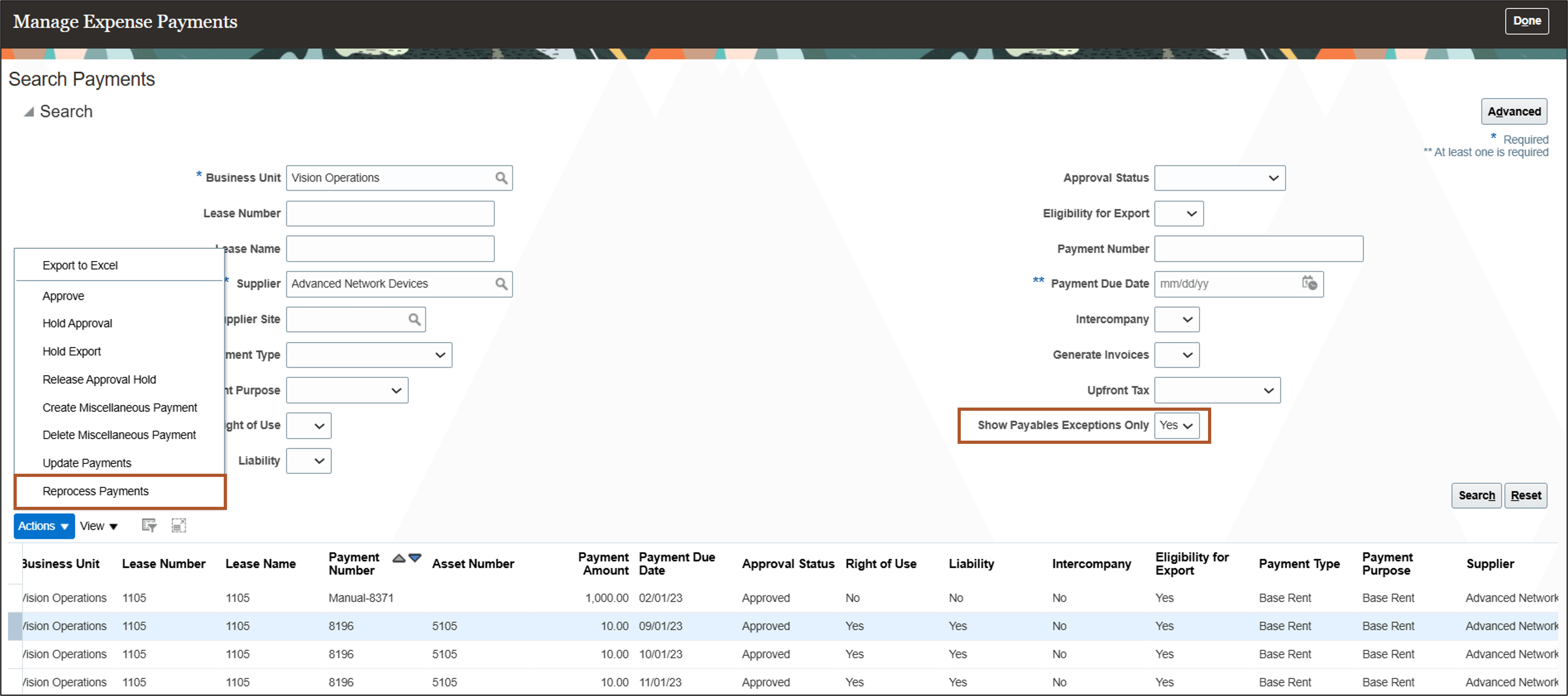 Manage Expense Payments page