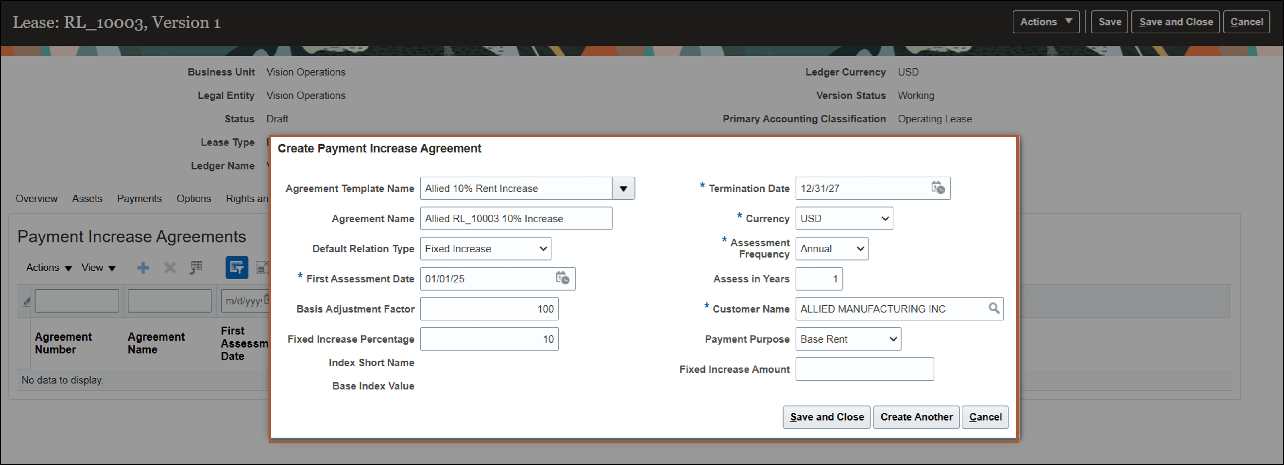 Create Payment Increase Agreement page