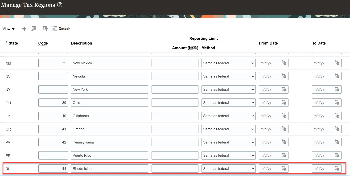Manage Tax Regions Page