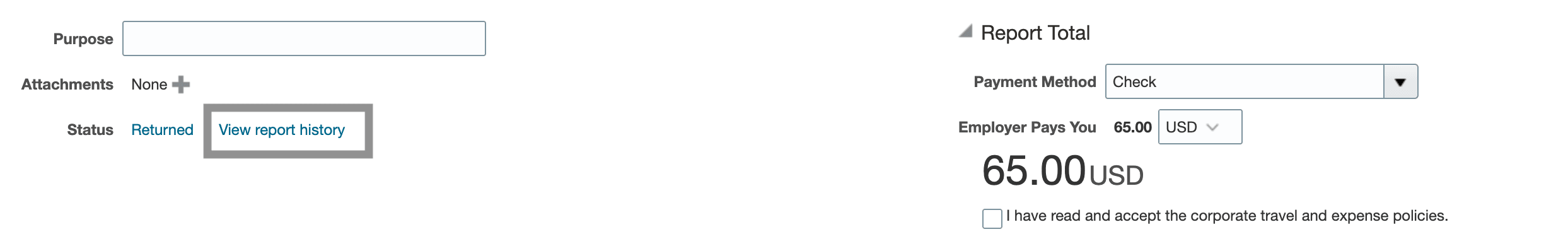 The "View report history" link is located next to the report status link.