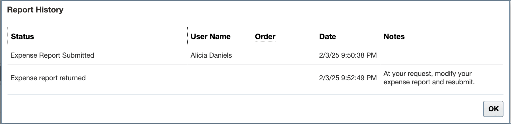 Report history table displays steps from the reimbursement process.