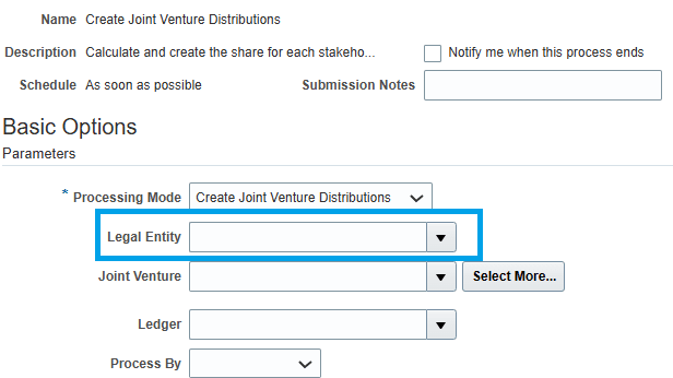 Legal Entity parameter for the Create Joint Venture Distributions process