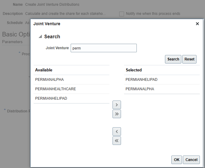 Select multiple joint ventures to process distributions
