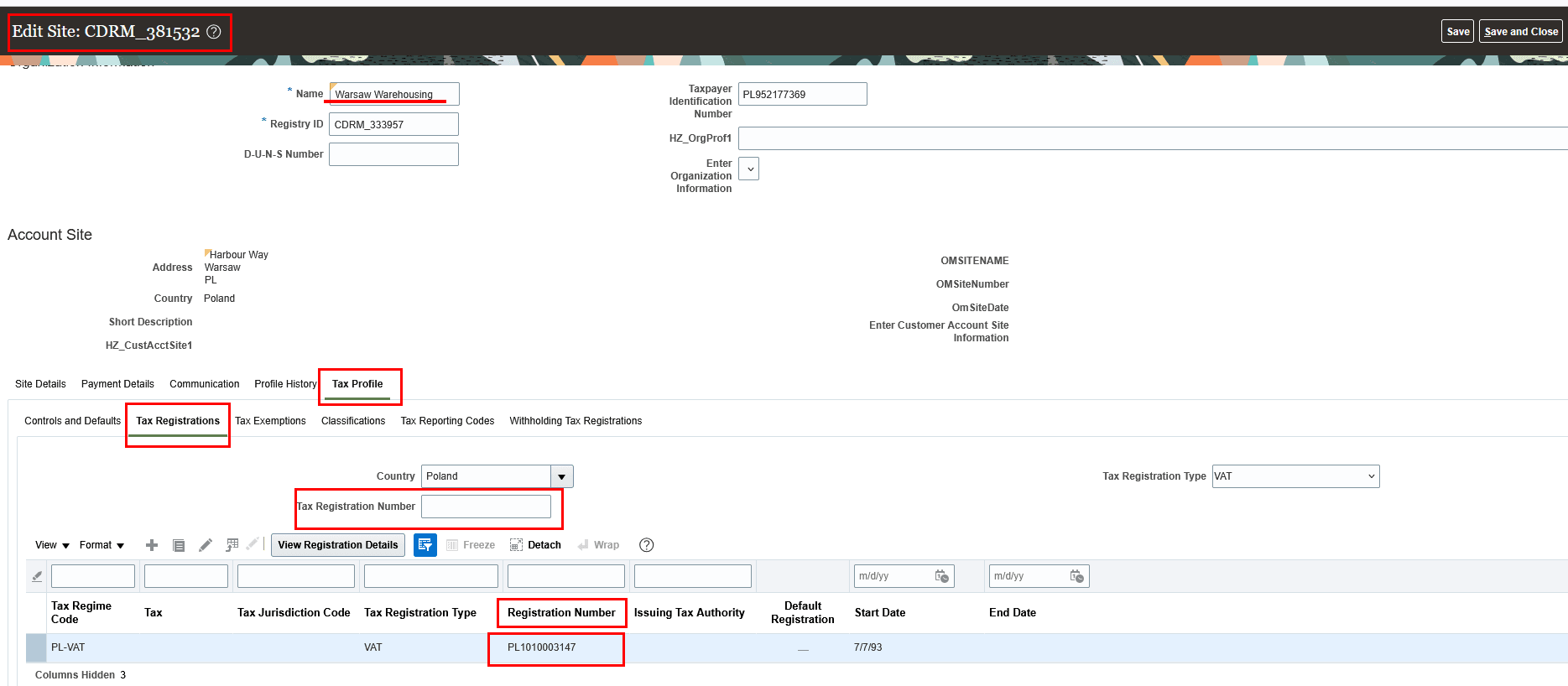 Customer Country and TRN setup