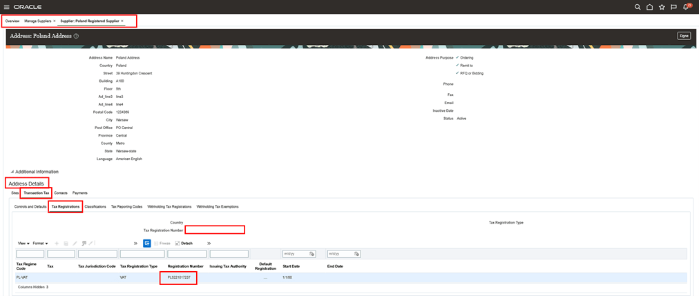 Supplier country and TRN setup