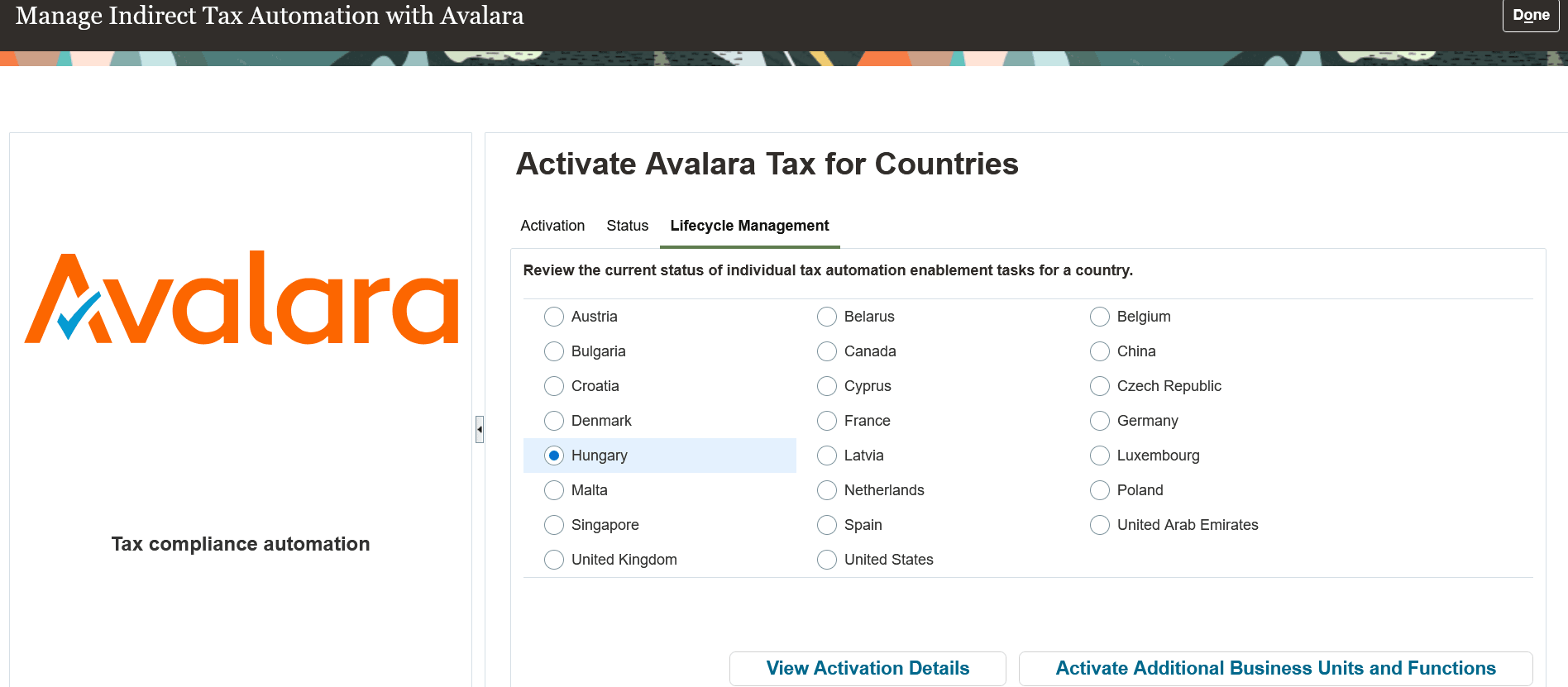 Country selection to activate additional business units and functions & view activation details