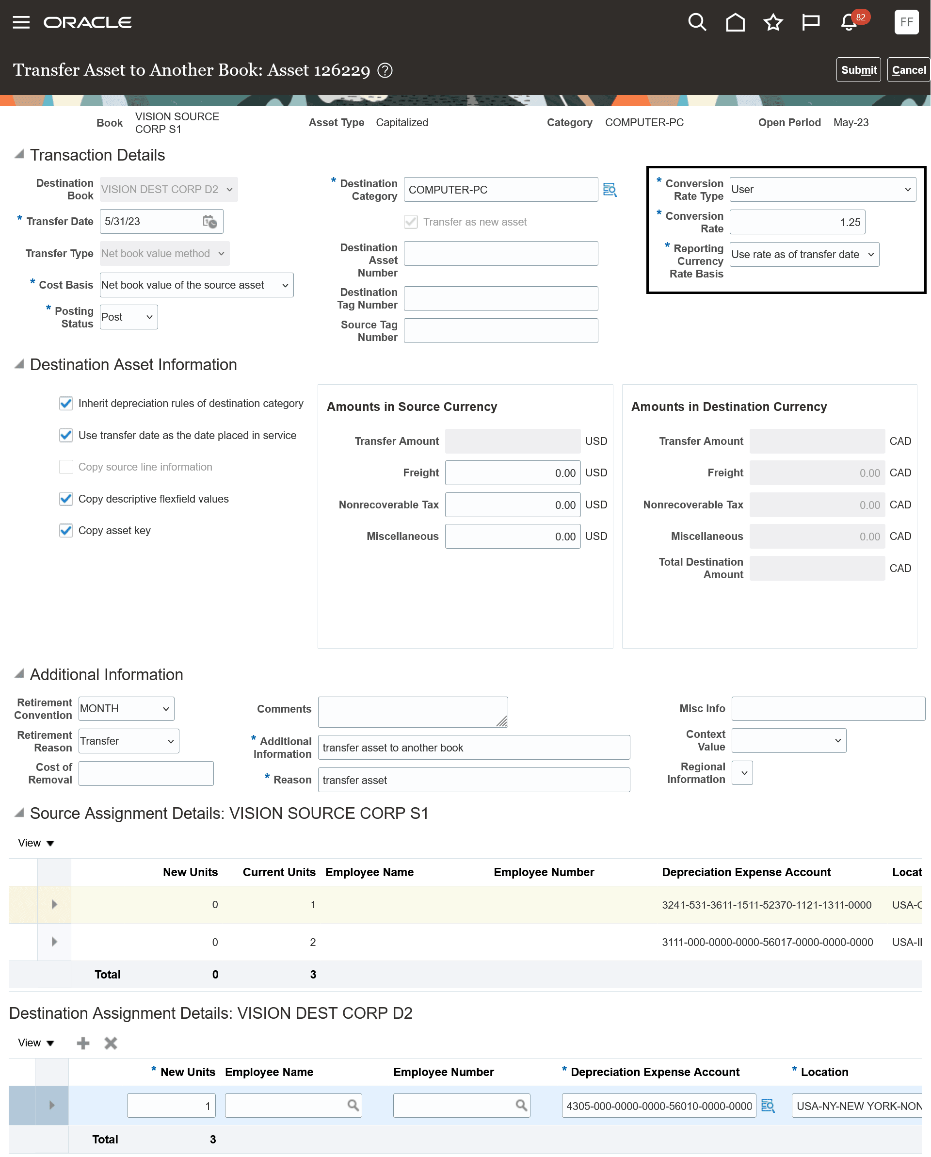 Transfer asset to another book
