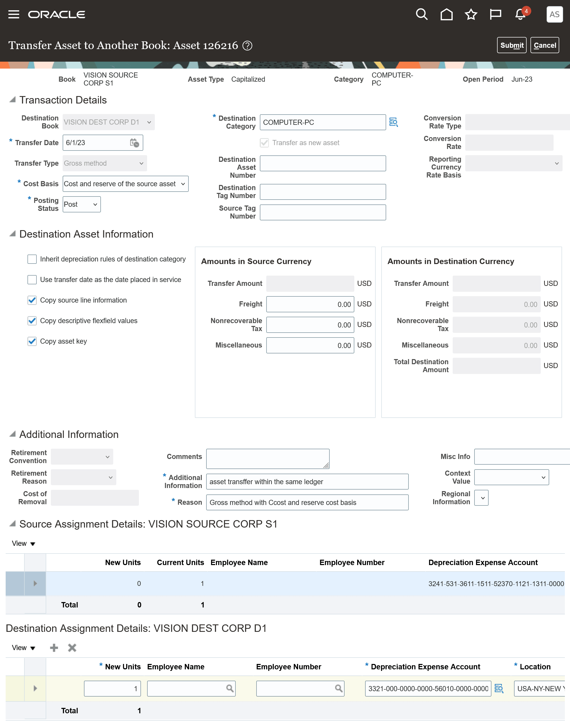 Transfer asset to another book