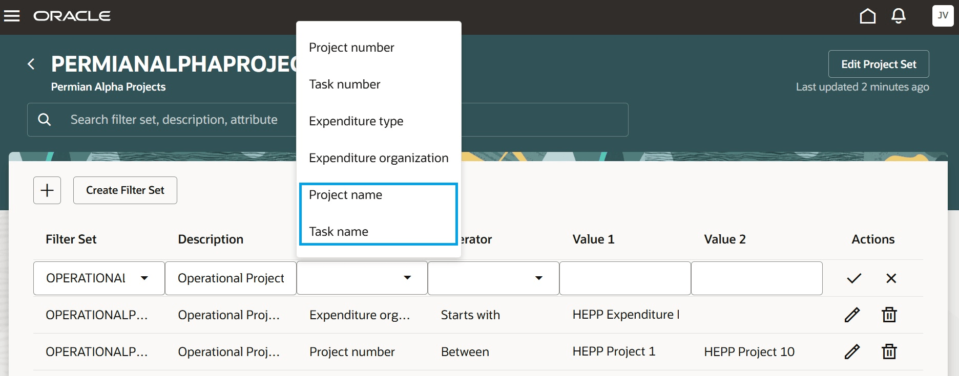 Attributes Project Name and Task Name in Joint Venture Project Sets