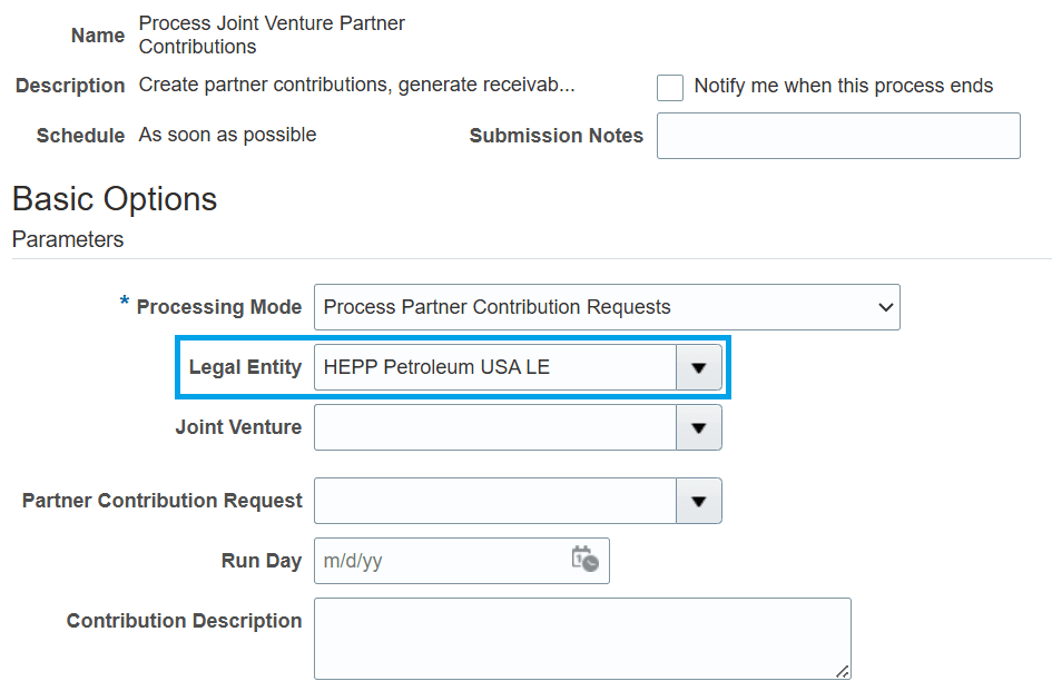 Legal Entity parameter for the Process Joint Venture Partner Contributions job