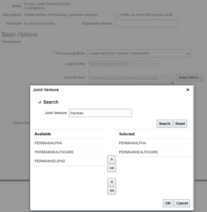 Select multiple joint ventures to process partner contributions