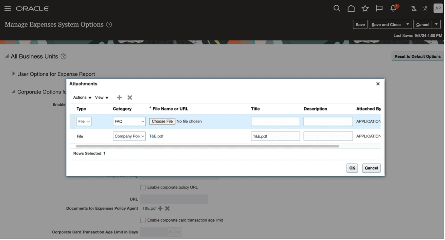 Expenses Policy Agent option on the Manage Expenses System Options page