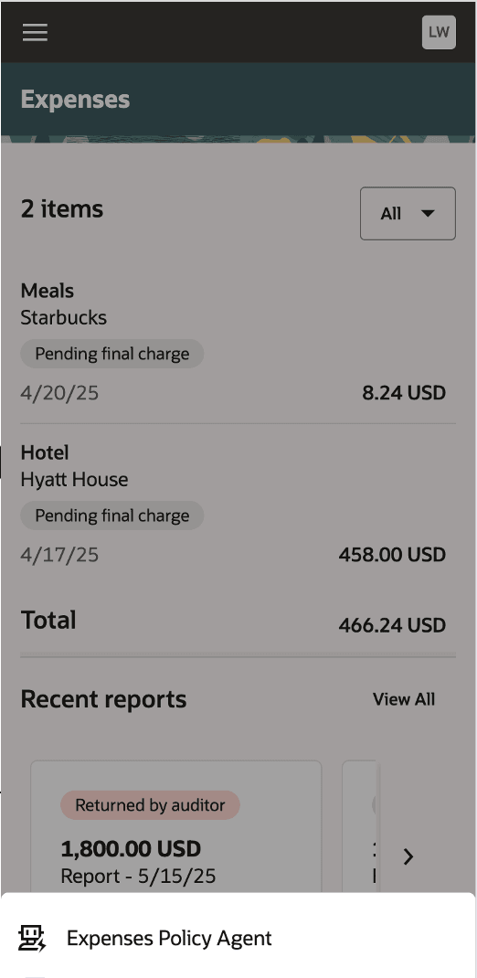 Expenses Policy Agent in the Touchless Expenses navigation