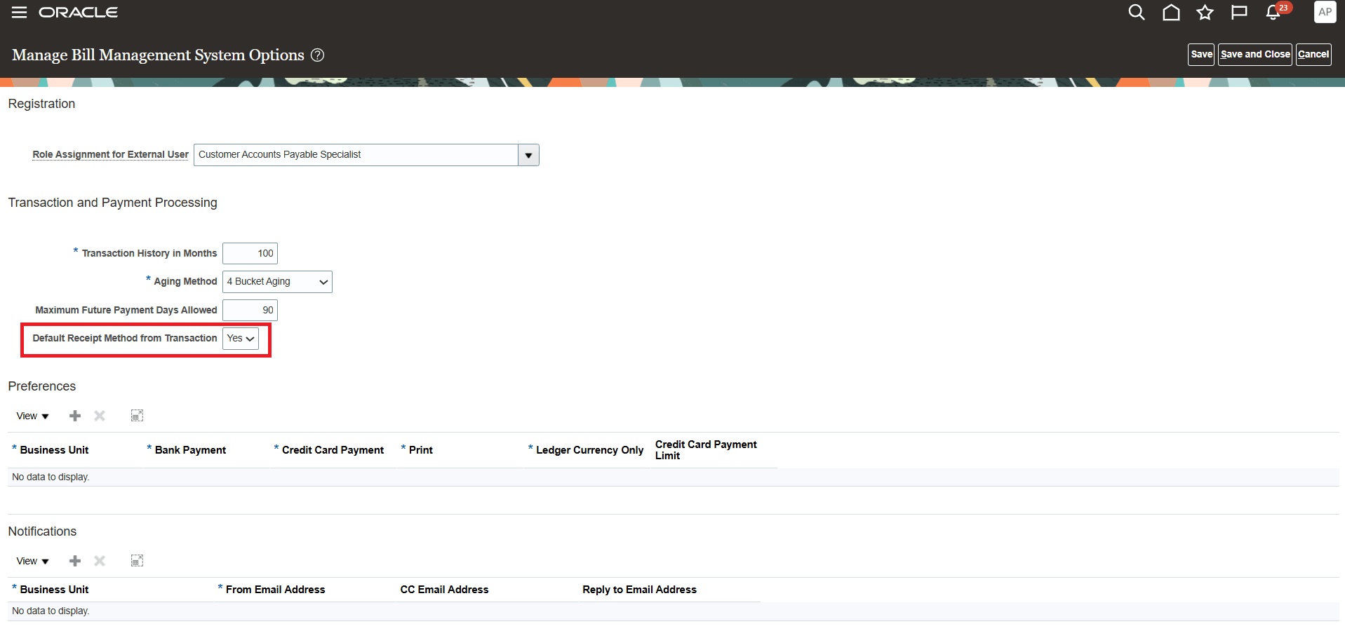 Manage Bill Management System Options page
