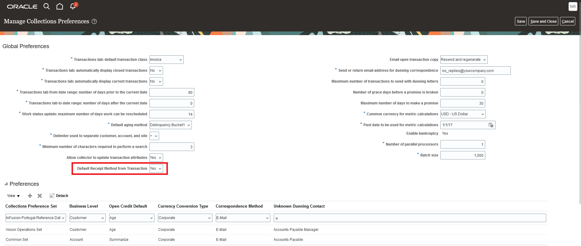 Manage Collections Preferences page