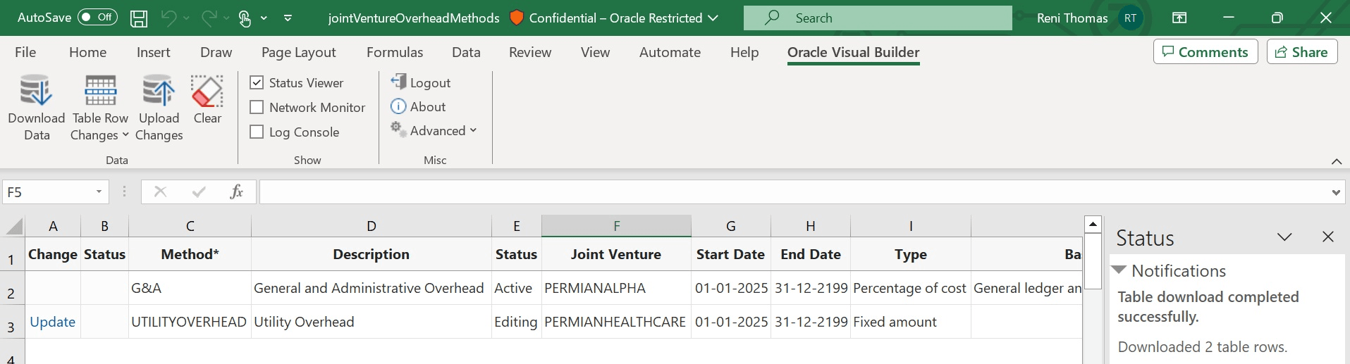 Manage overhead methods in spreadsheet