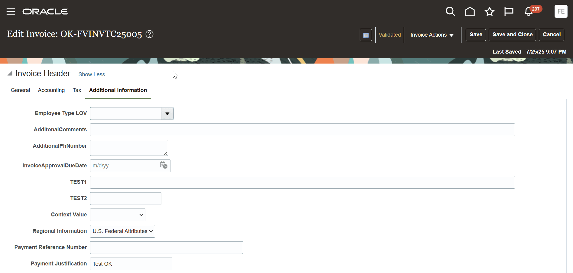 Payment Justification on Invoice Header