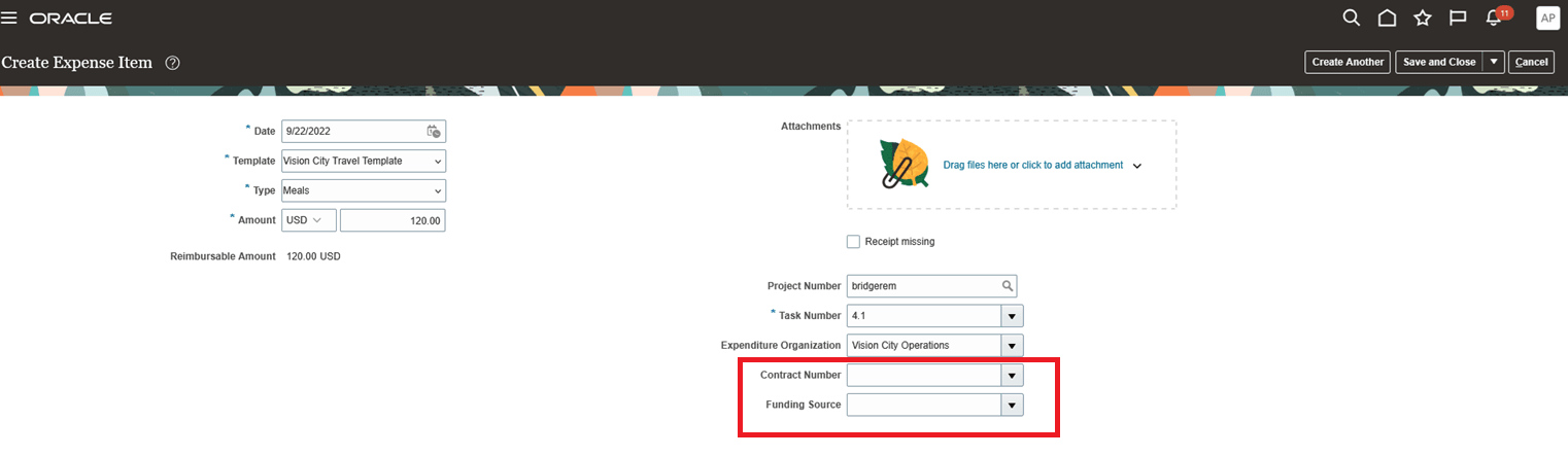 Expense submission with only Project and Task Details